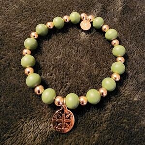 Rustic Cuff Bracelet Green/Gold Beaded Stretch Logo Jewelry NIB